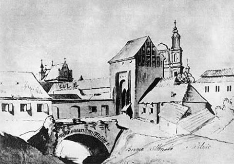 P. Smuglevičiaus piešinyje - tiltas per Vingrę(Kačergą) prie Vilniaus vartų. XVIII a. pabaiga.